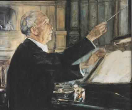 Richard Strauss dirigerer Mozarts Cosi fan tutte i Wiens Statsopera. Oliemaleri af Viktor Krausz (1924)